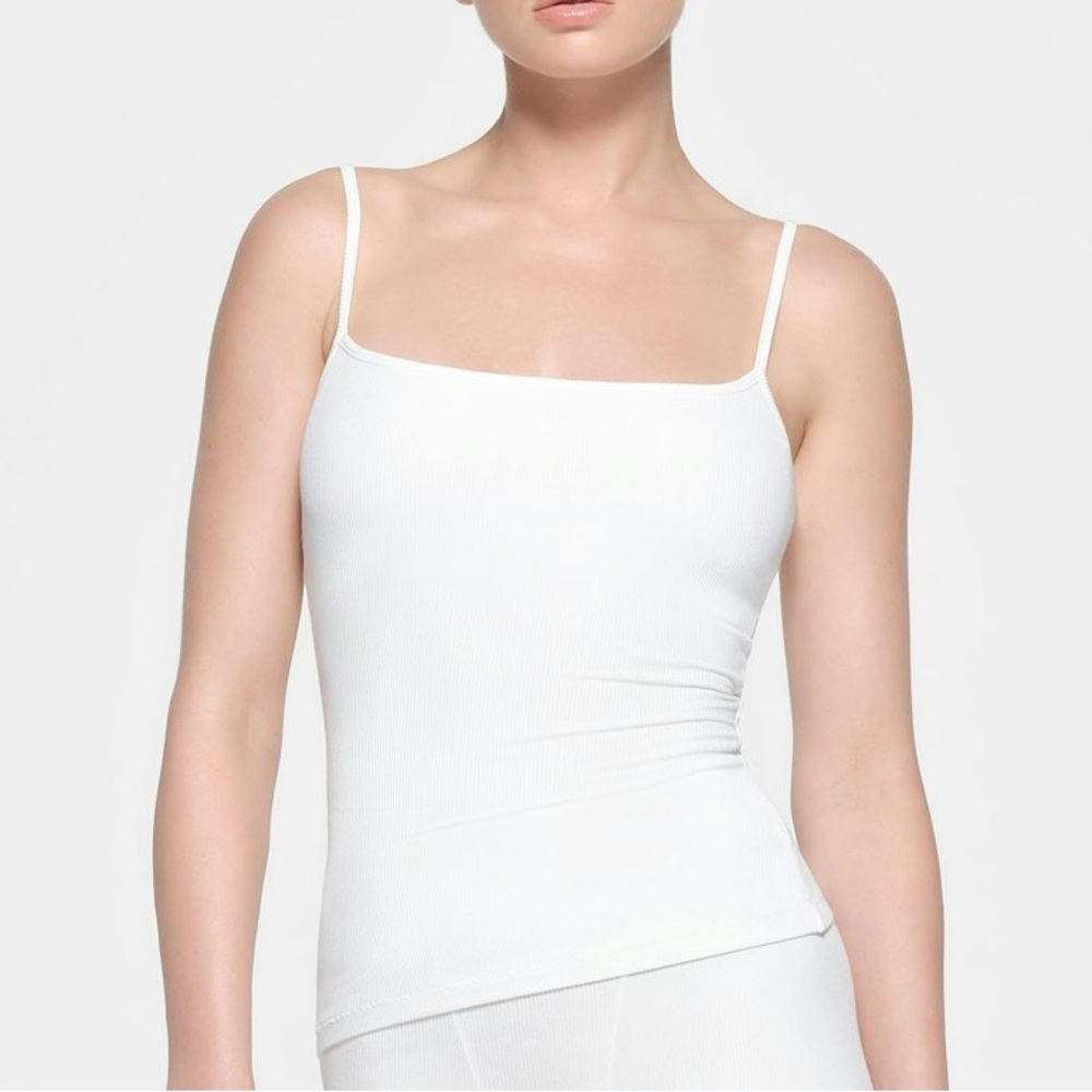 SKIMS White Ribbed Camisole Top with Built In Bra